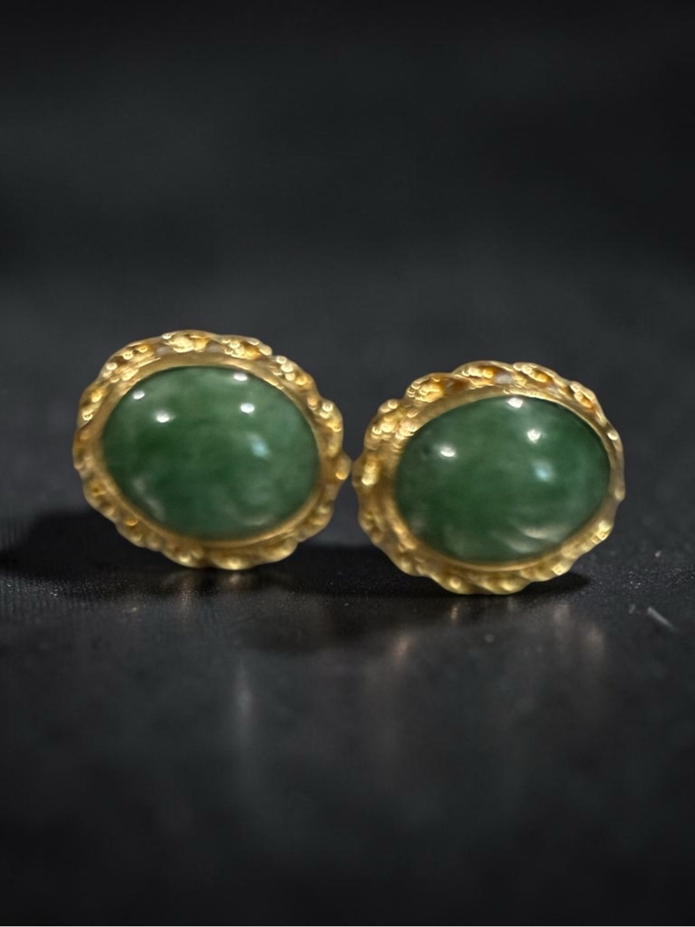 Vintage 14K Solid Gold Natural Jadeite Oval Stud Earrings